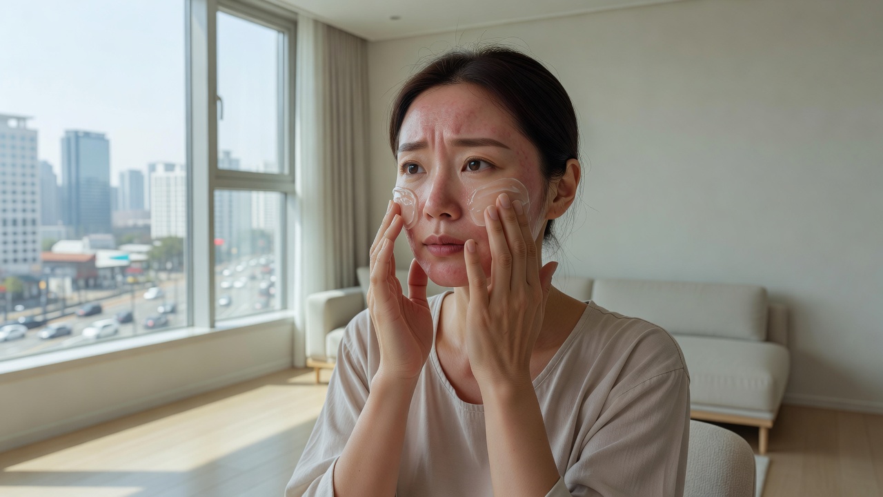강남 레이저 토닝 후 관리를 위해 집에서 피부 진정 케어 중인 모습